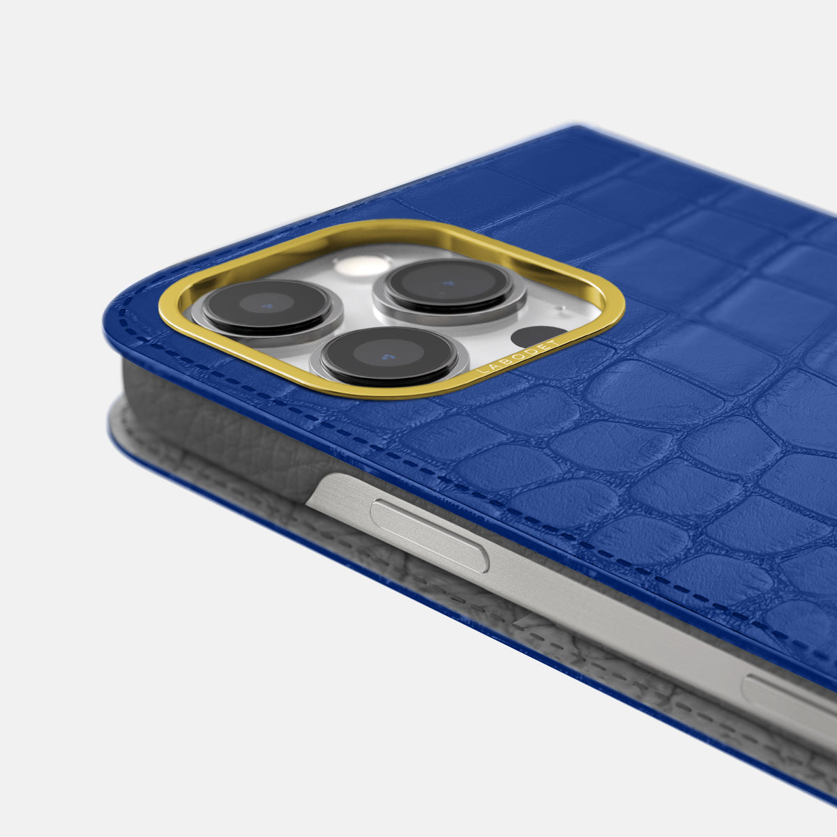 Royal Blue iPhone 16 Pro Folio Case In Alligator with Gold Metal -5 | Royal-Blue-Gold