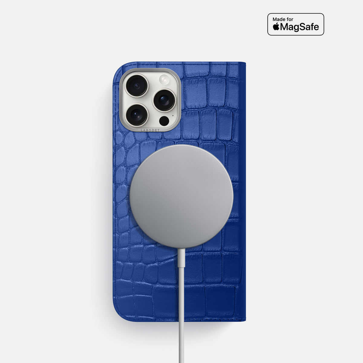 Royal Blue iPhone 16 Pro Folio Case Alligator with Steel Metal -3 | Royal-Blue-Steel