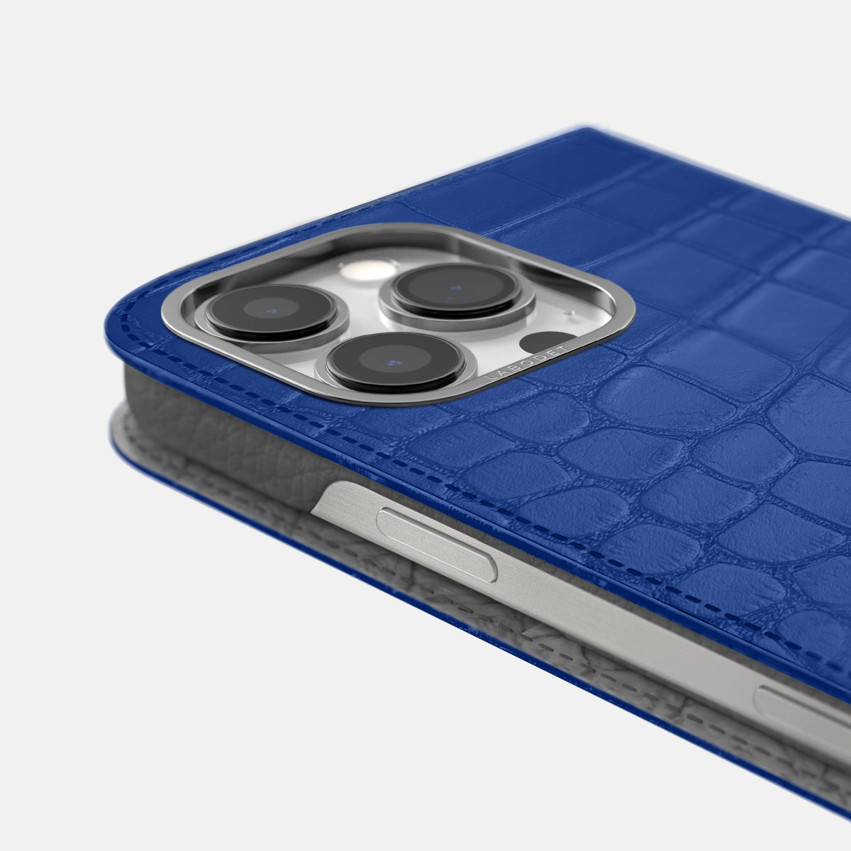 Royal Blue iPhone 16 Pro Folio Case Alligator with Steel Metal -5 | Royal-Blue-Steel