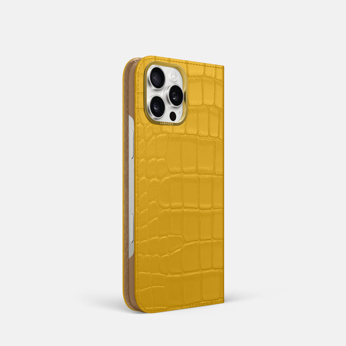 Yellow iPhone 16 Pro Folio Case In Alligator with Gold Metal -1 | Yellow-Gold