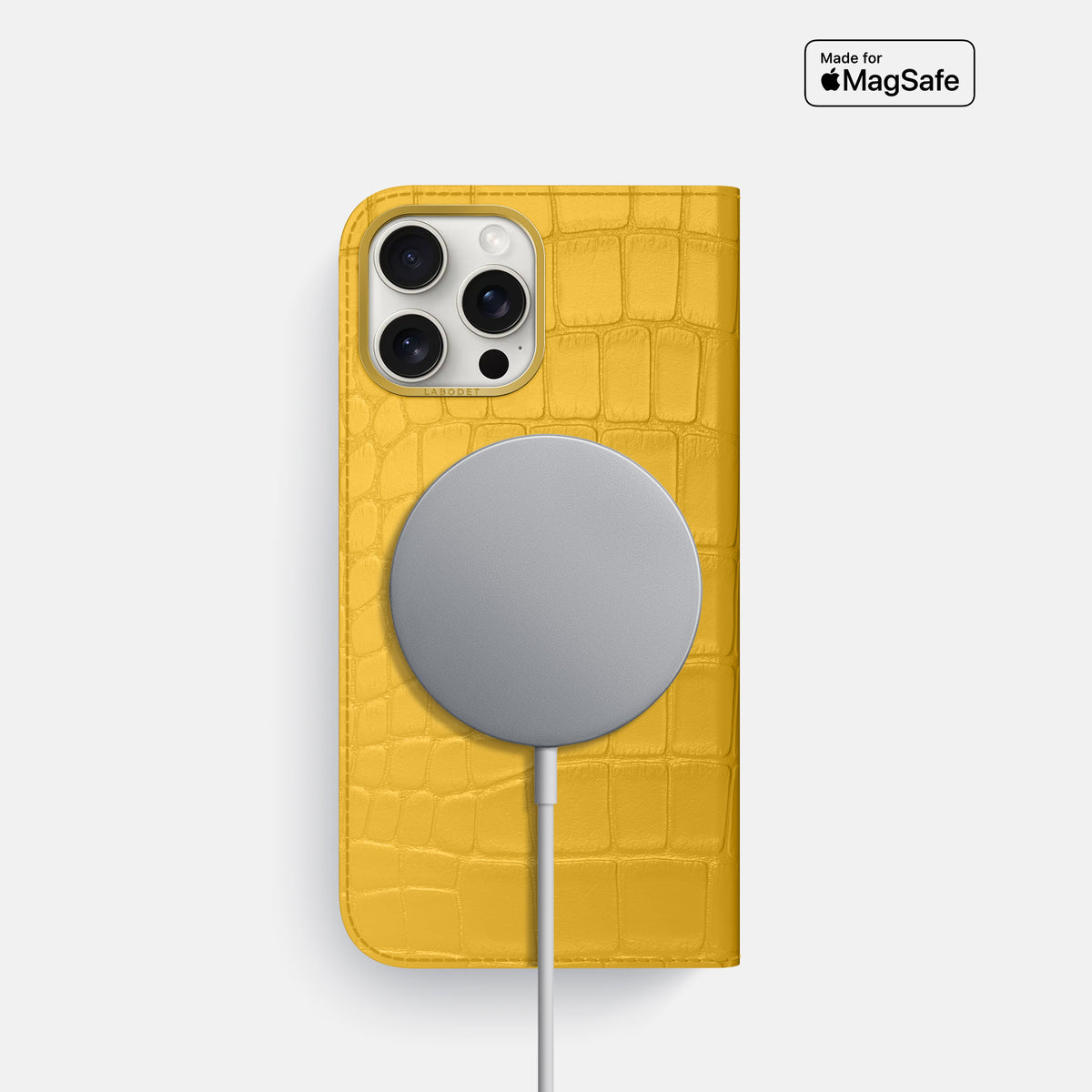 Yellow iPhone 16 Pro Folio Case In Alligator with Gold Metal -3 | Yellow-Gold