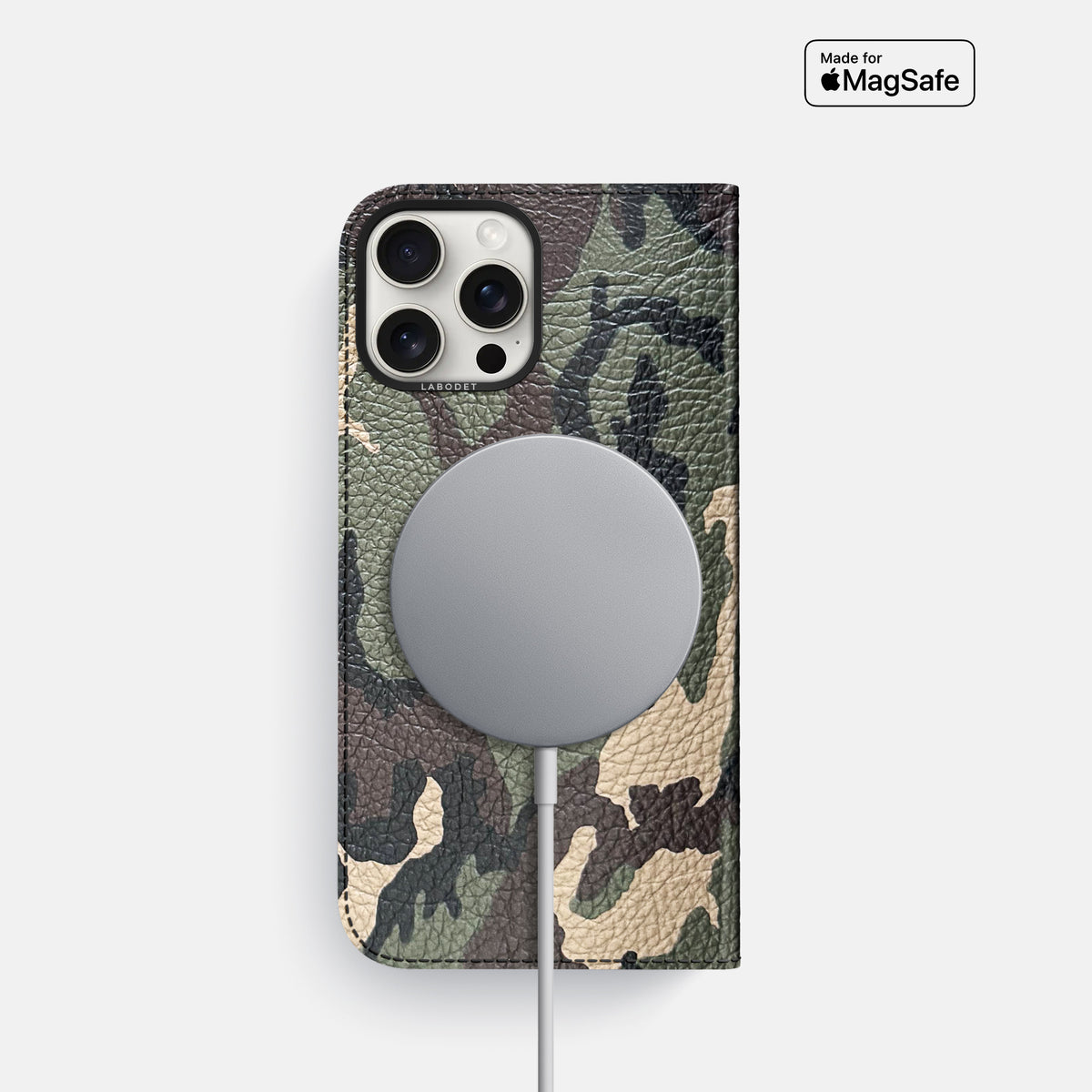 Camouflage iPhone 16 Pro Folio Case Calf with Black Metal -3 | Camouflage-Black