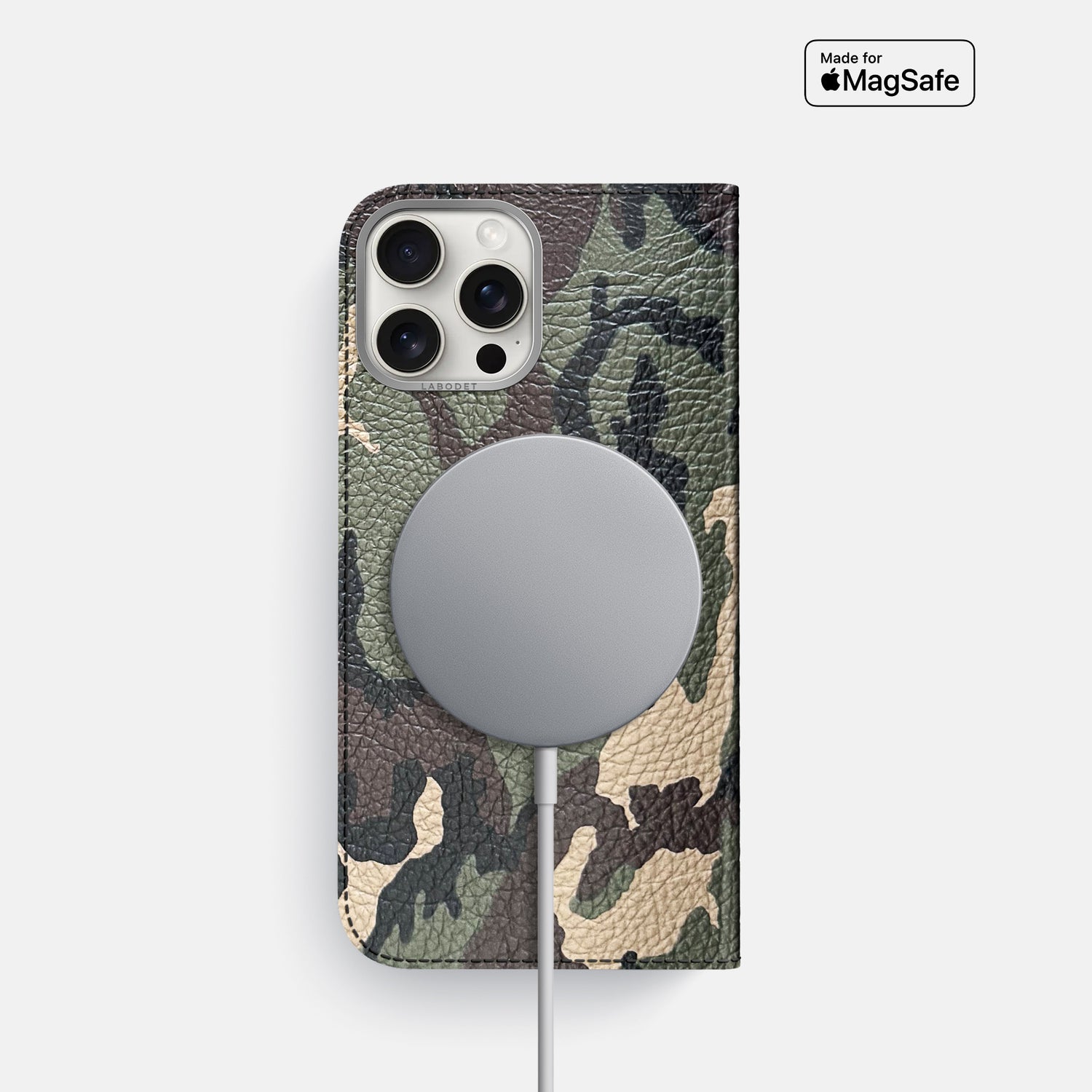 Camouflage iPhone 16 Pro Folio Case Calf with Steel Metal -3 | Camouflage-Steel