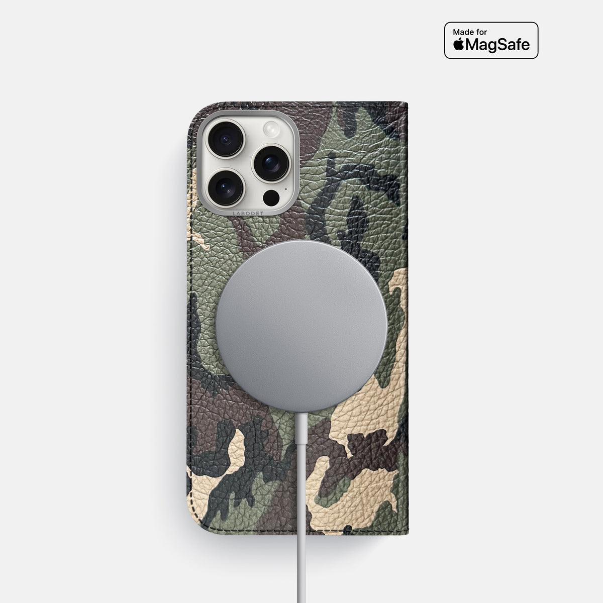 Camouflage iPhone 16 Pro Folio Case Calf with Steel Metal -3 | Camouflage-Steel