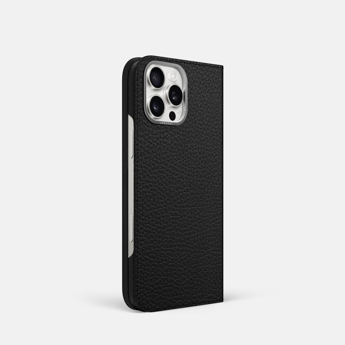 Black iPhone 16 Pro Folio Case Calf with Steel Metal -1 | Black-Steel