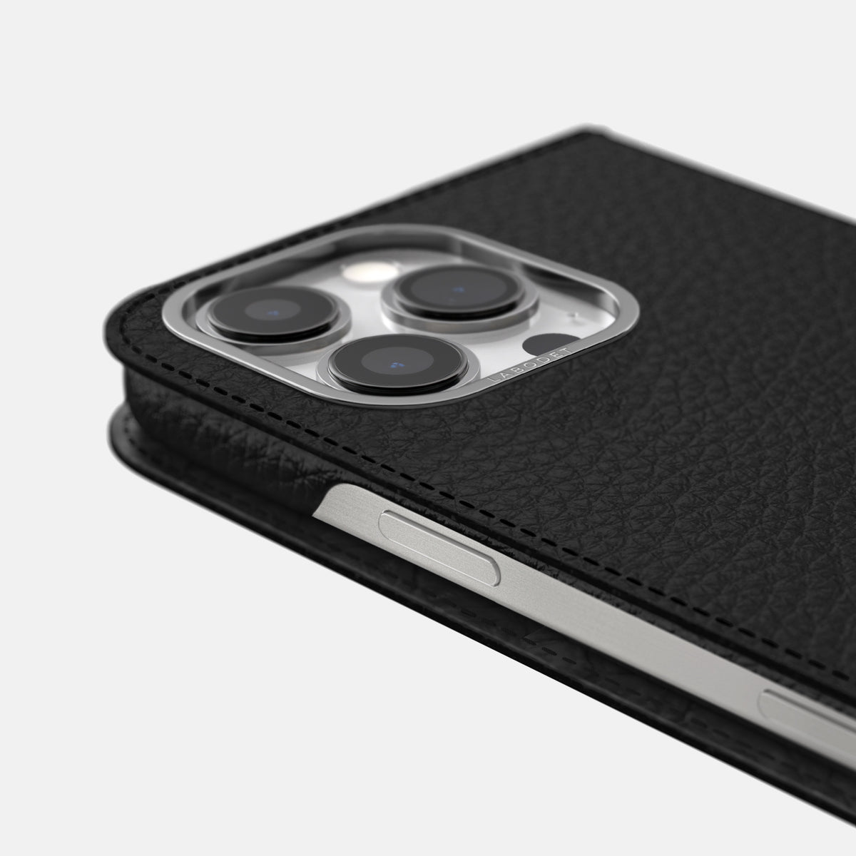 Black iPhone 16 Pro Folio Case Calf with Steel Metal -5 | Black-Steel