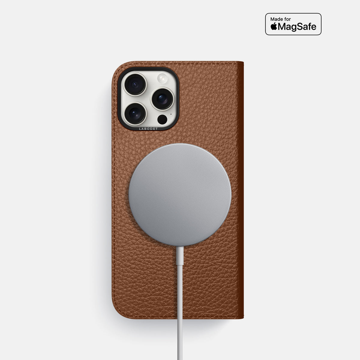 Caramel iPhone 16 Pro Folio Case Calf with Black Metal -3 | Caramel-Black