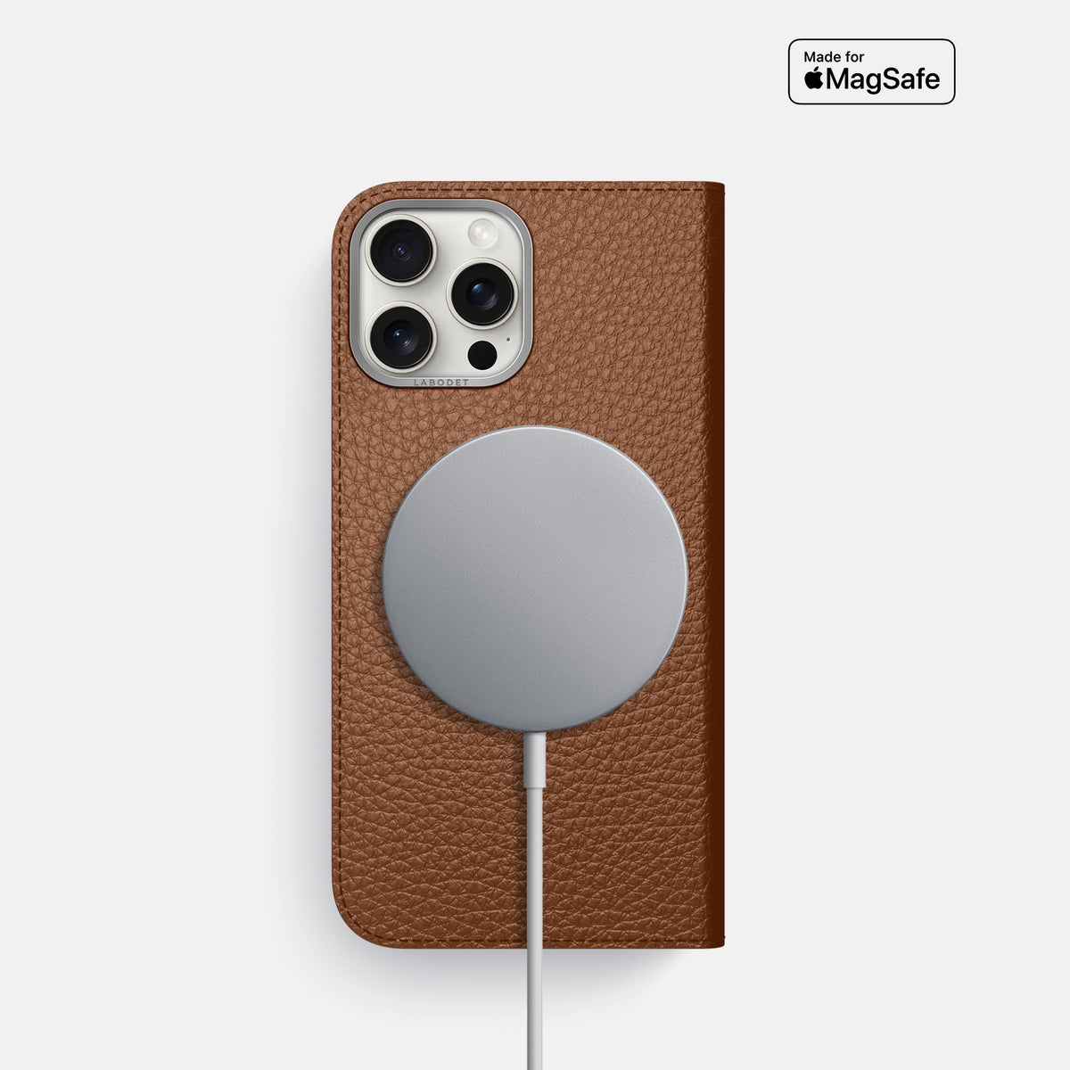 Caramel iPhone 16 Pro Folio Case Calf with Steel Metal -3 | Caramel-Steel