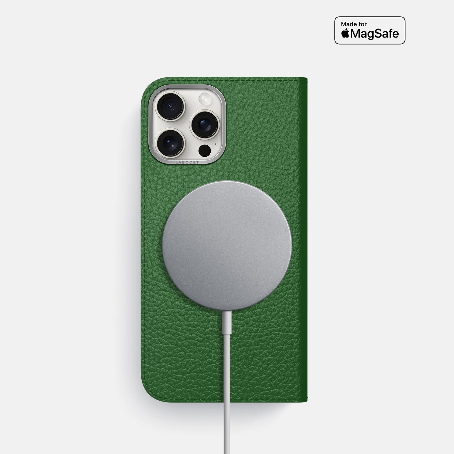Dark Green iPhone 16 Pro Folio Case Calf with Steel Metal -3 | Dark-Green-Steel