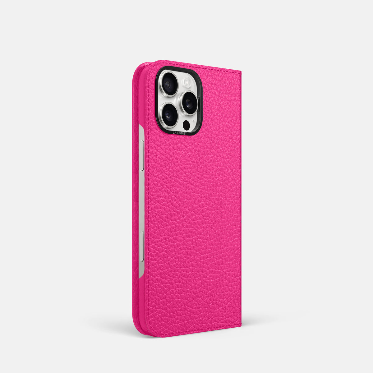 Magenta iPhone 16 Pro Folio Case Calf with Black Metal -1 | Magenta-Black