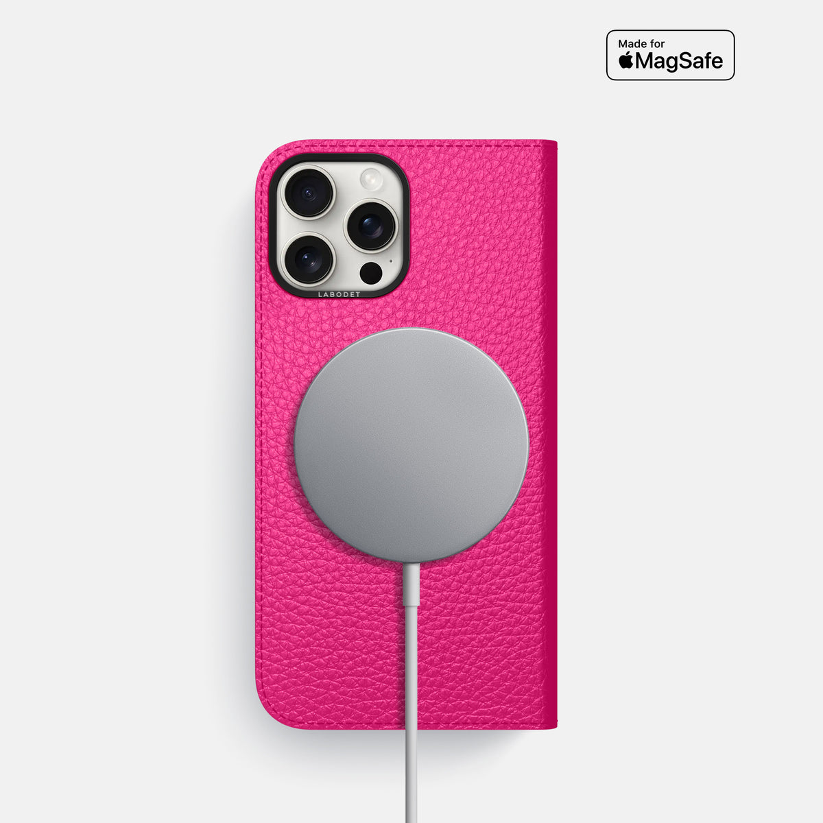 Magenta iPhone 16 Pro Folio Case Calf with Black Metal -3 | Magenta-Black