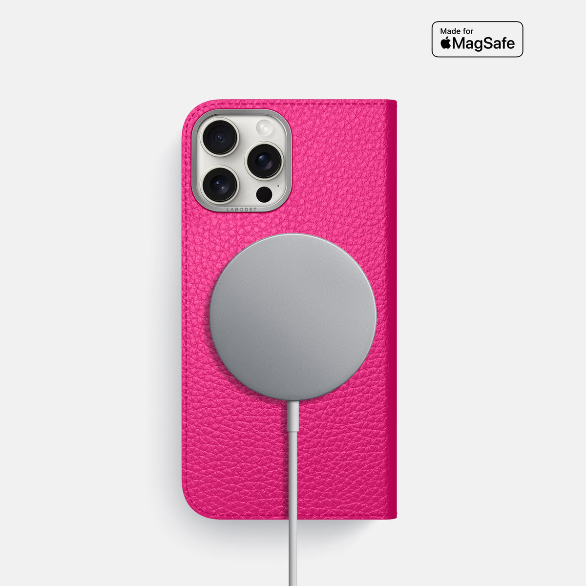 Magenta iPhone 16 Pro Folio Case Calf with Steel Metal -3 | Magenta-Steel