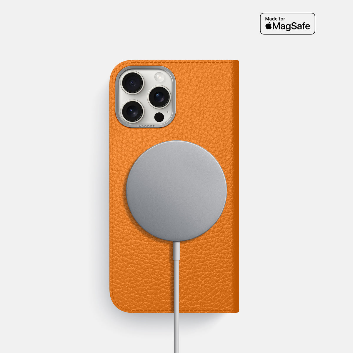 Orange iPhone 16 Pro Folio Case Calf with Steel Metal -3 | Orange-Steel