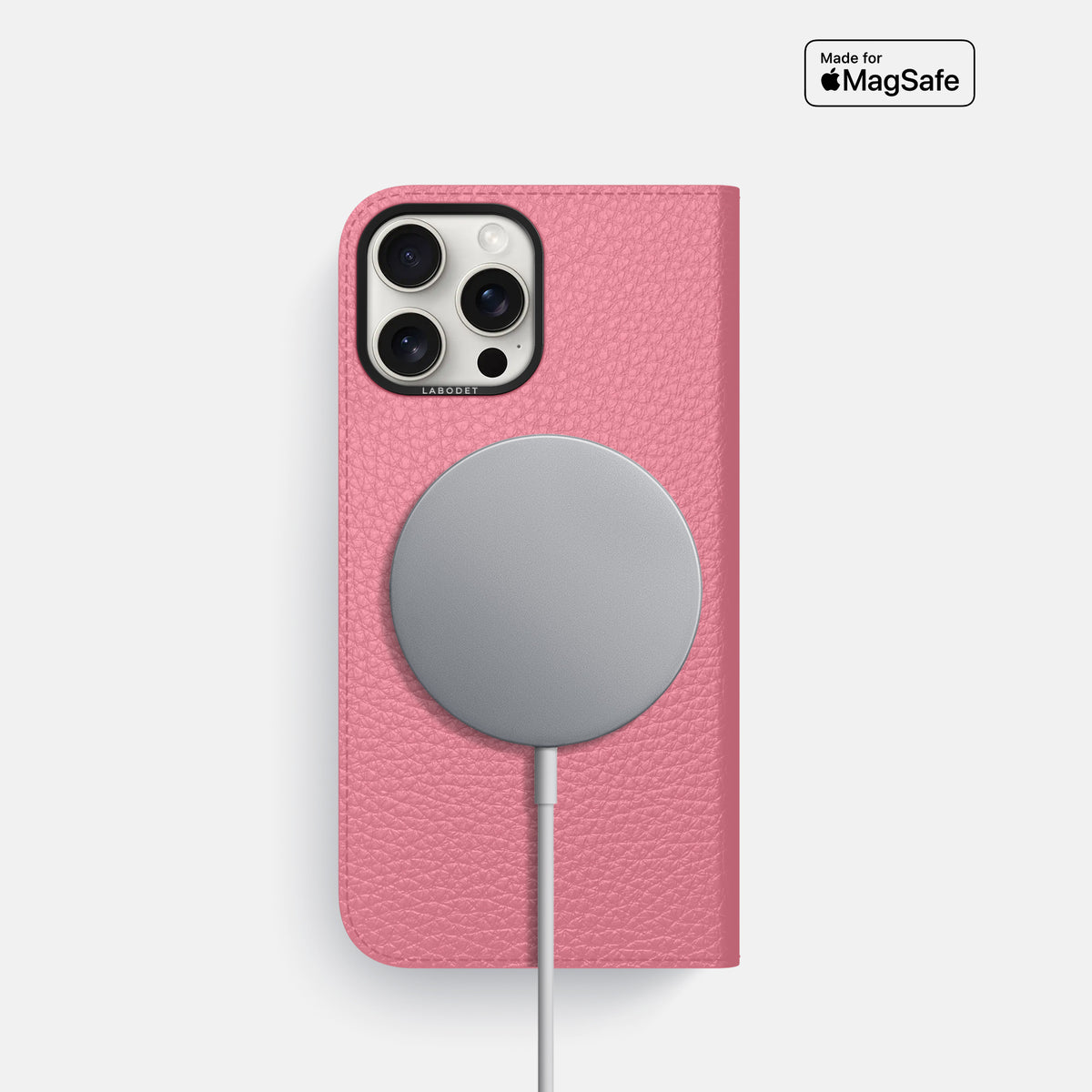 Pink iPhone 16 Pro Folio Case Calf with Black Metal -3 | Pink-Black