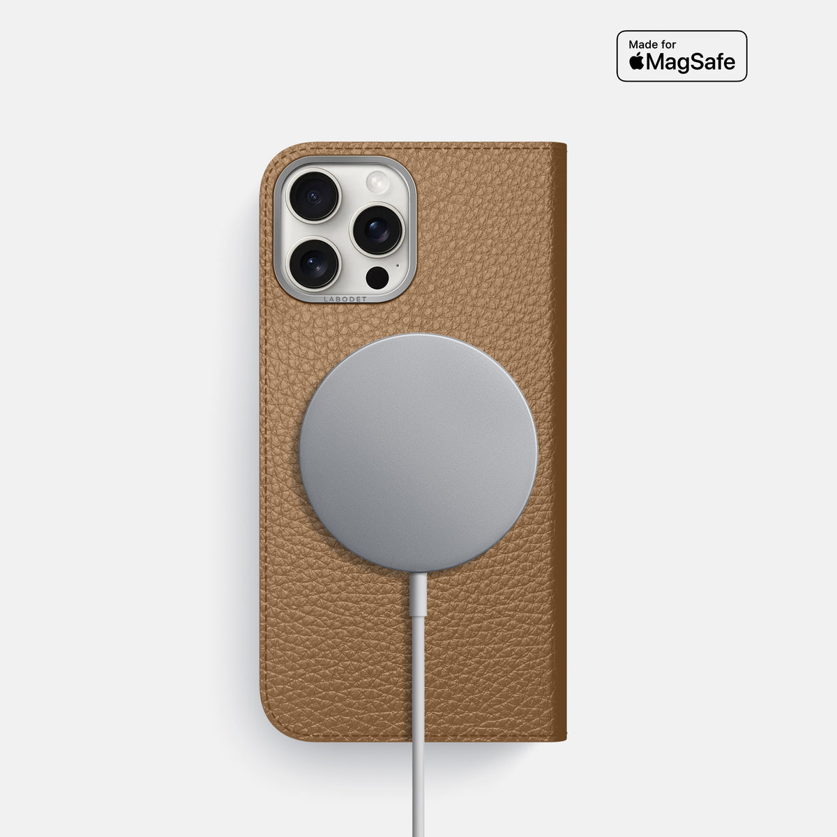 Taupe iPhone 16 Pro Folio Case Calf with Steel Metal -3 | Taupe-Steel
