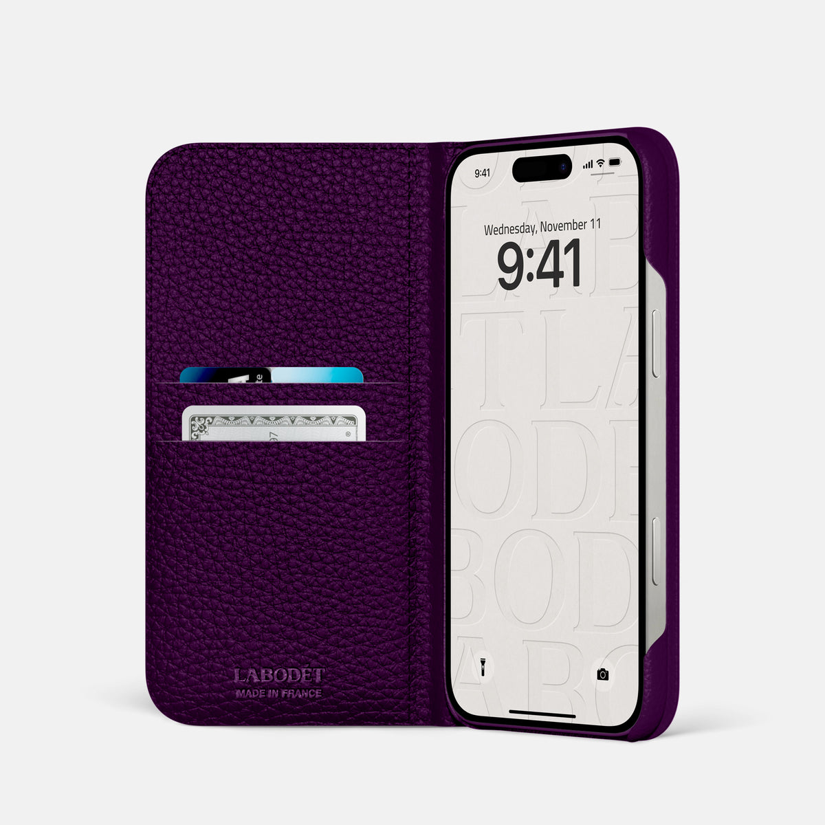 Violet iPhone 16 Pro Folio Case Calf with Black Metal -2 | Violet-Black