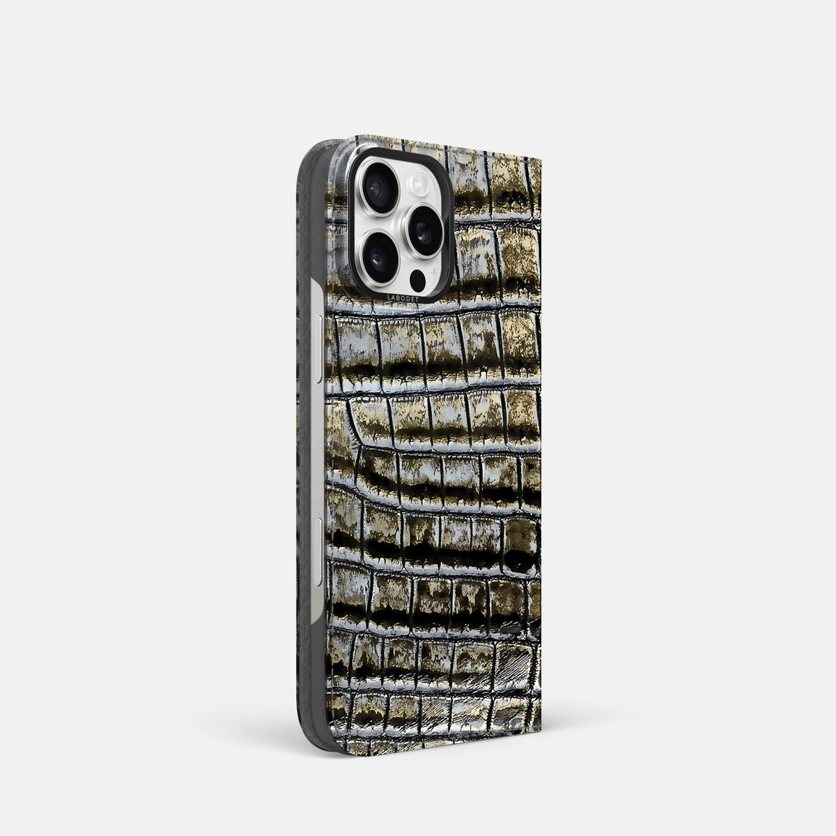 Antique-Bronze iPhone 16 Pro Folio Case Himalayan Crocodile with Black Metal -1 | Antique-Bronze-Black