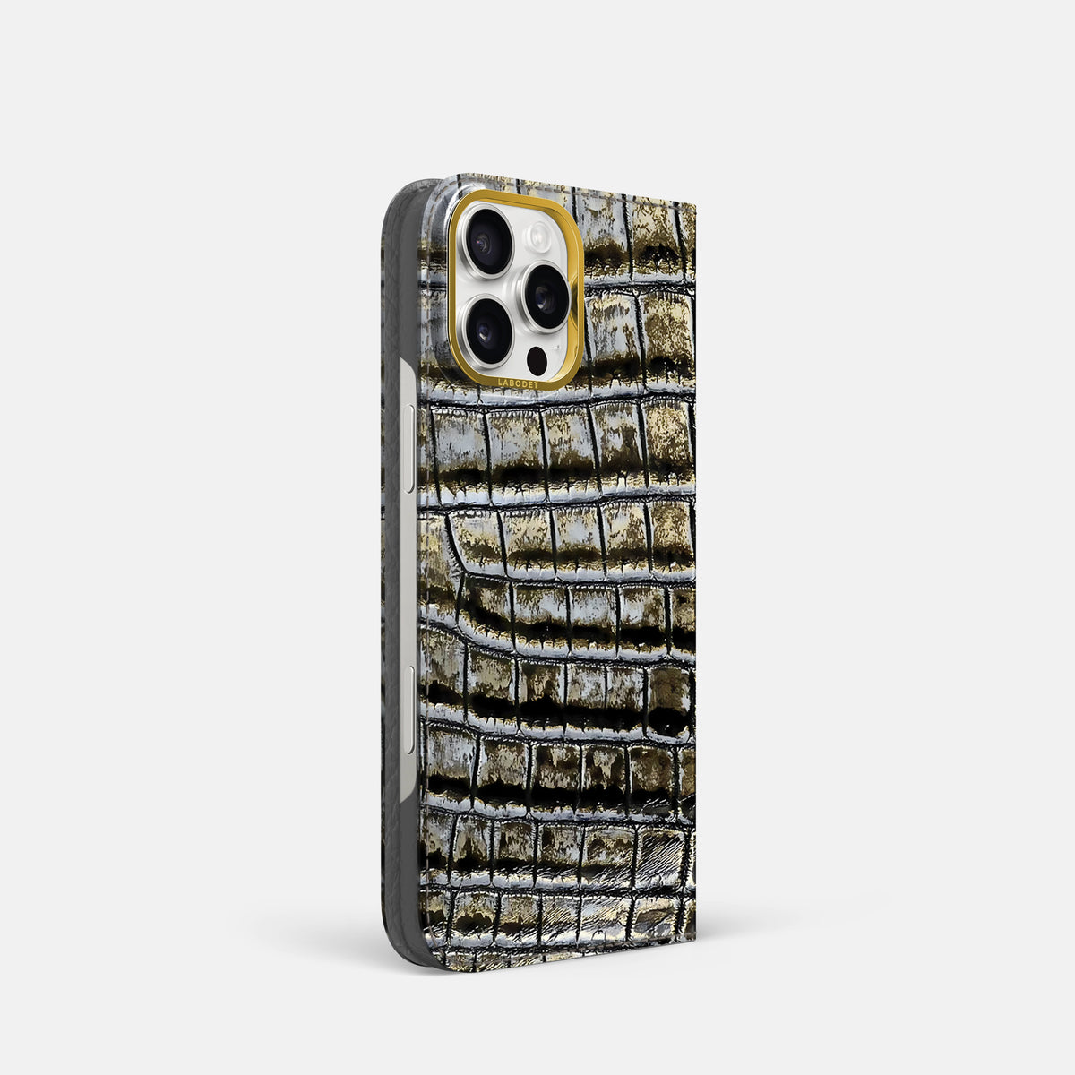 Antique-Bronze iPhone 16 Pro Folio Case Himalayan Crocodile with Gold Metal -1 | Antique-Bronze-Gold