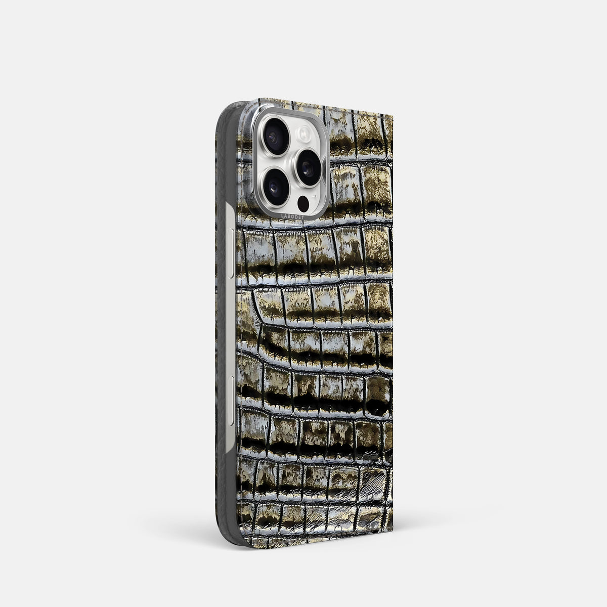 Antique-Bronze iPhone 16 Pro Folio Case Himalayan Crocodile with Steel Metal -1 | Antique-Bronze-Steel