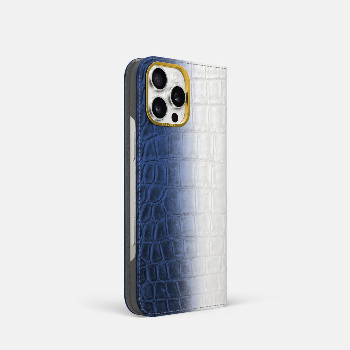 Navy Blue iPhone 16 Pro Folio Case Himalayan Crocodile with Gold Metal -1 | Navy-Blue-Gold