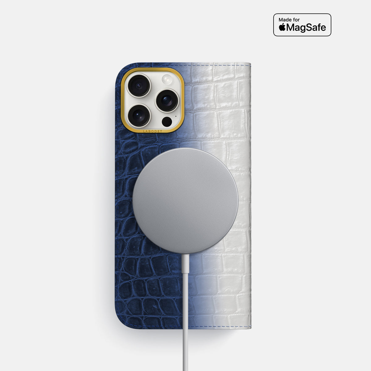 Navy Blue iPhone 16 Pro Folio Case Himalayan Crocodile with Gold Metal -3 | Navy-Blue-Gold