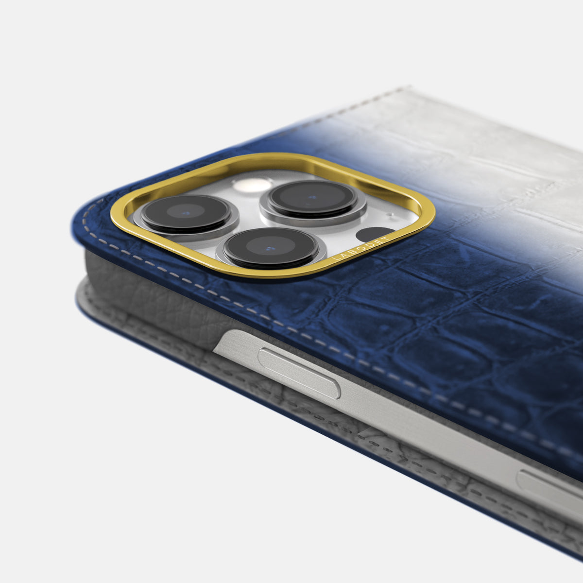 Navy Blue iPhone 16 Pro Folio Case Himalayan Crocodile with Gold Metal -5 | Navy-Blue-Gold