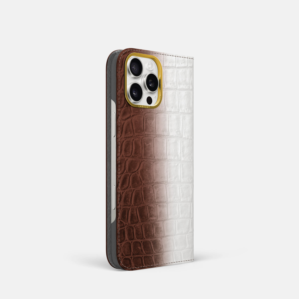 Dark Brown iPhone 16 Pro Folio Case Himalayan Crocodile with Gold Metal -1 | Dark-Brown-Gold