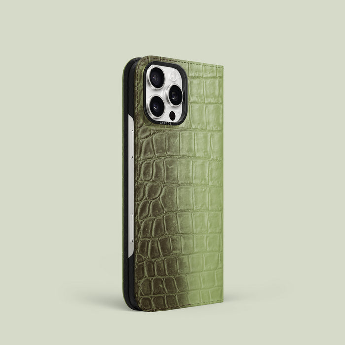 Folio Case Celadon Green For iPhone 16 Pro In Himalayan Crocodile with Black Metal -1 | Celadon-Green-Black