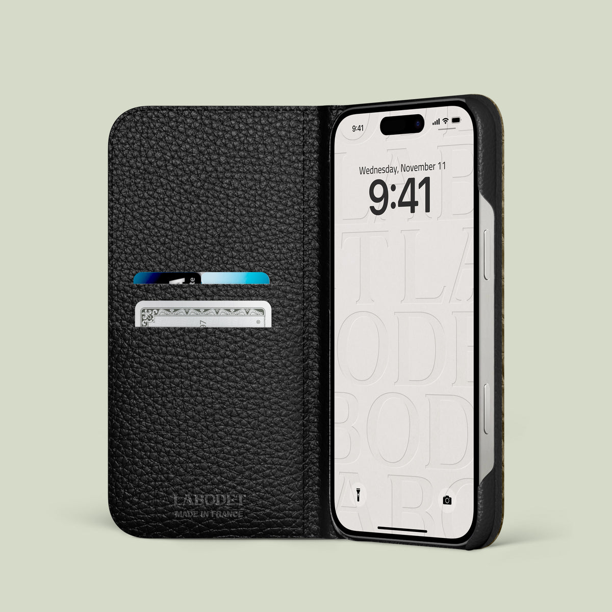 Folio Case Celadon Green For iPhone 16 Pro In Himalayan Crocodile with Black Metal -2 | Celadon-Green-Black