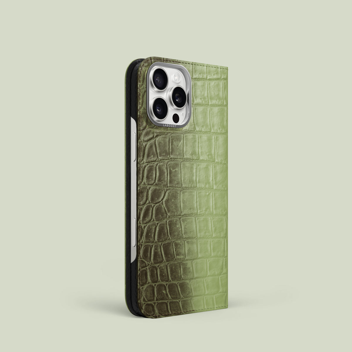 Folio Case Celadon Green For iPhone 16 Pro In Himalayan Crocodile with Steel Metal -1 | Celadon-Green-Steel
