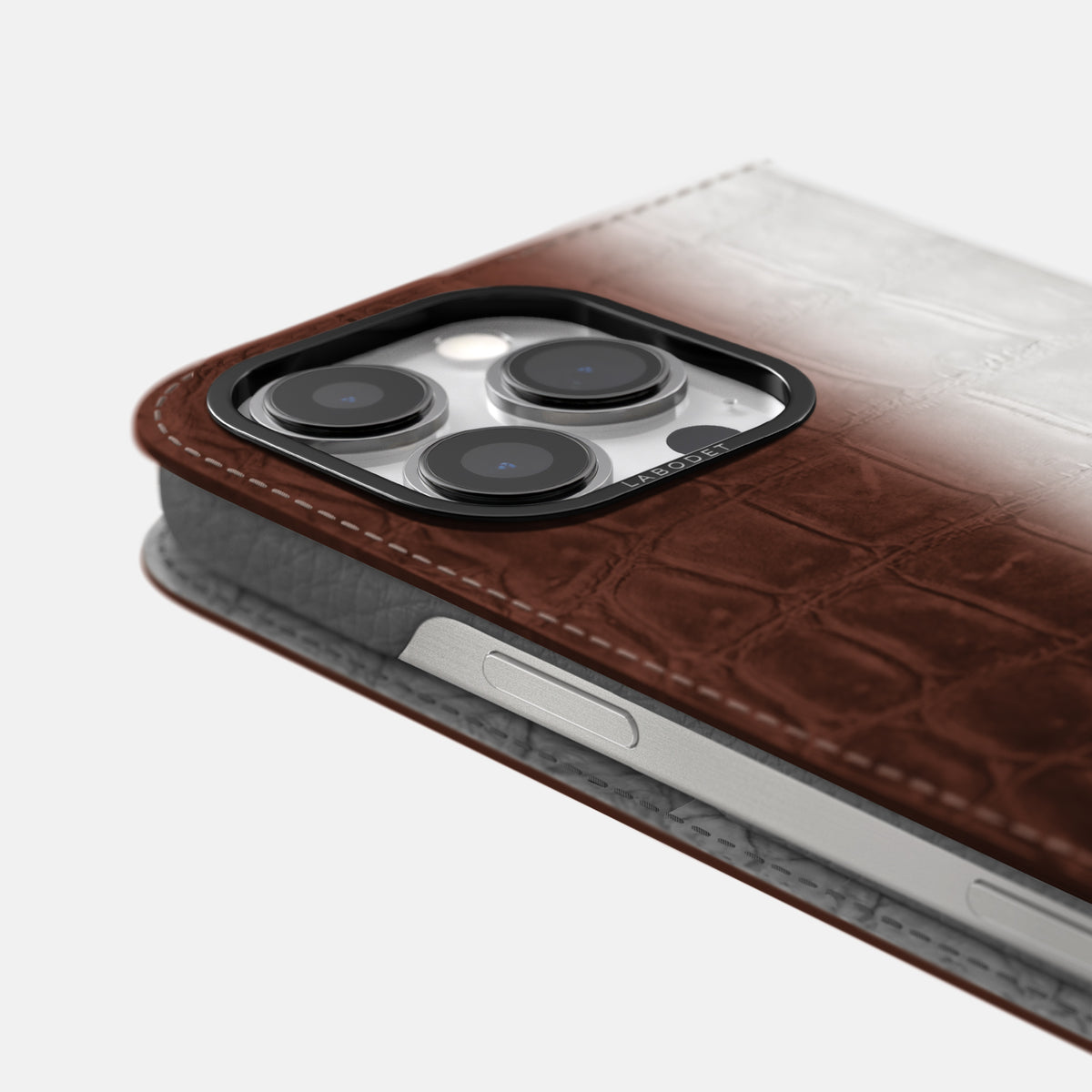 Dark Brown iPhone 16 Pro Folio Case Himalayan Crocodile with Black Metal -5 | Dark-Brown-Black