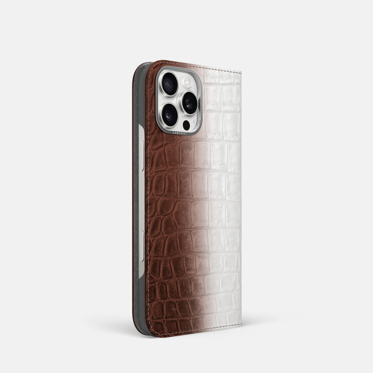Dark Brown iPhone 16 Pro Folio Case Himalayan Crocodile with Steel Metal -1 | Dark-Brown-Steel