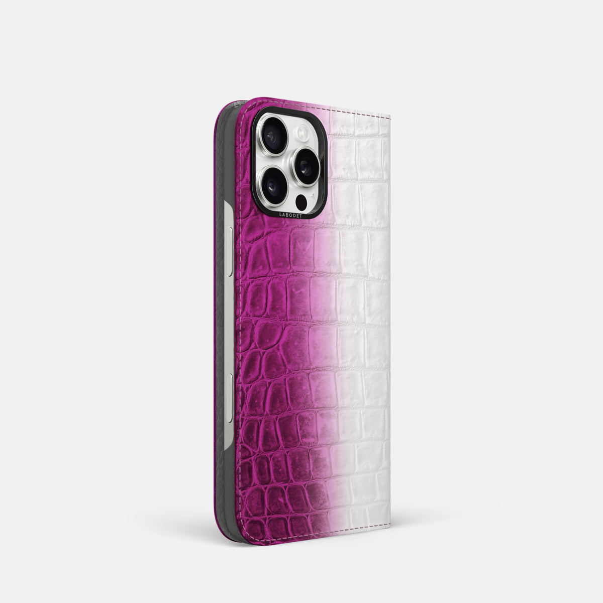 Fuchsia iPhone 16 Pro Folio Case Himalayan Crocodile with Black Metal -1 | Fuchsia-Black