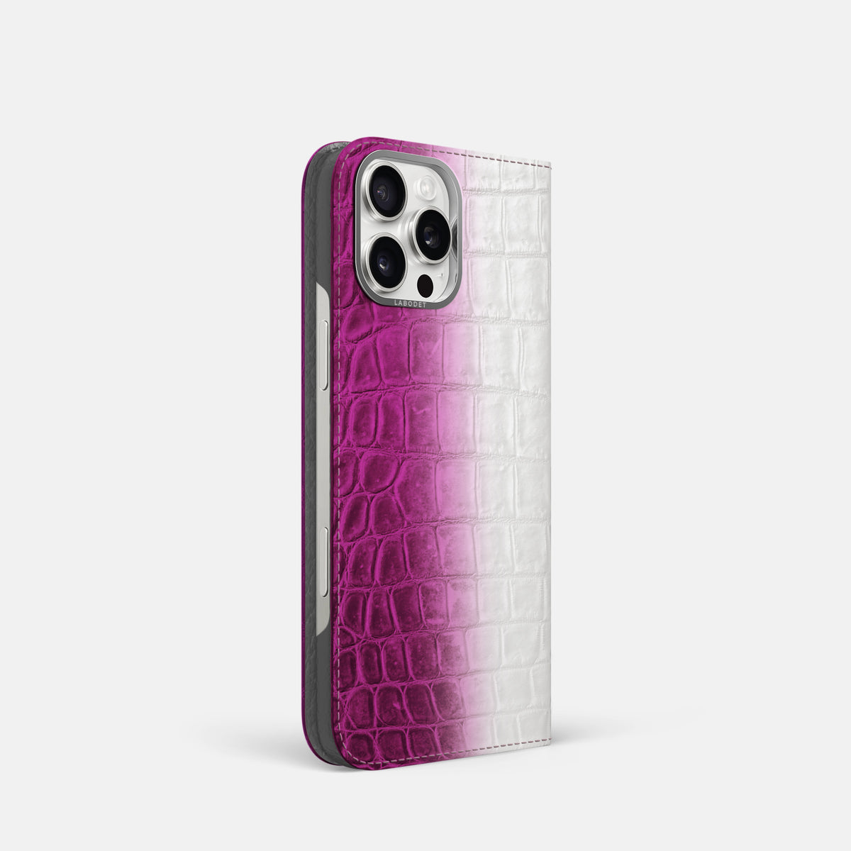 Fuchsia iPhone 16 Pro Folio Case Himalayan Crocodile with Steel Metal -1 | Fuchsia-Steel