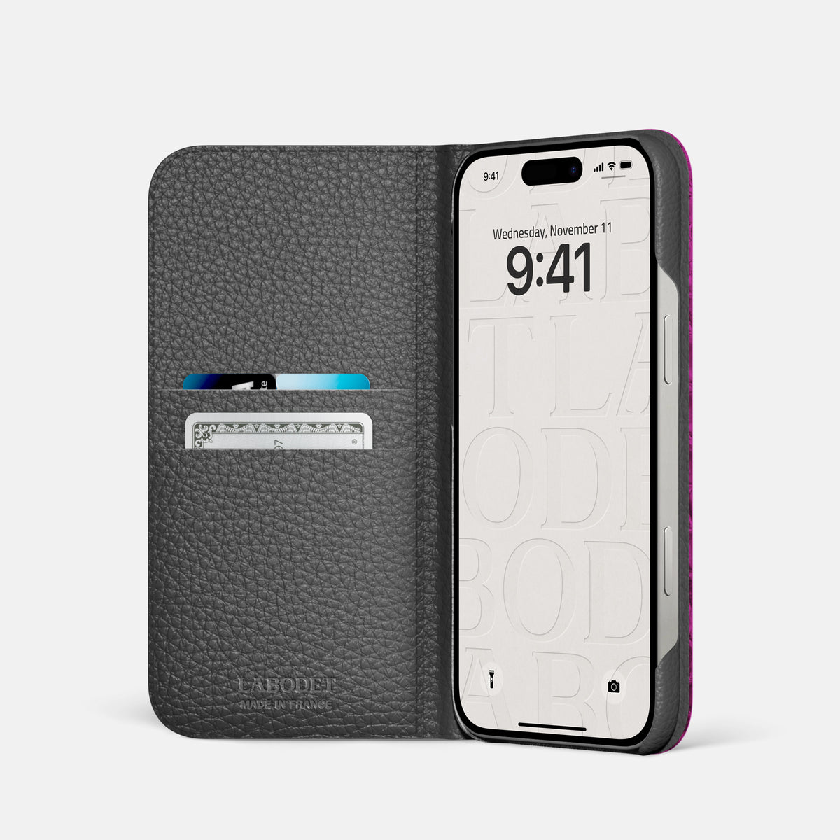 Fuchsia iPhone 16 Pro Folio Case Himalayan Crocodile with Steel Metal -2 | Fuchsia-Steel