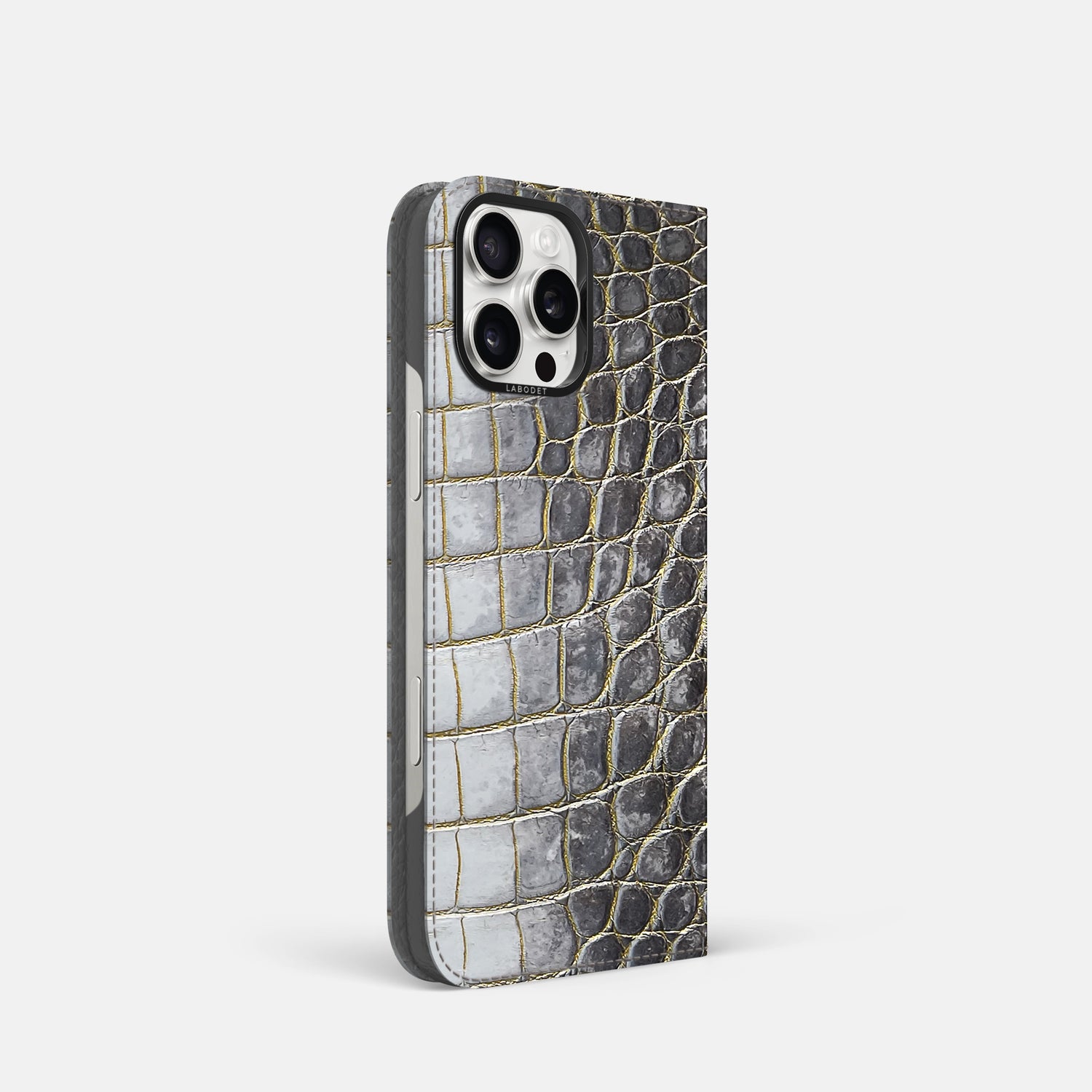 Gold iPhone 16 Pro Folio Case Himalayan Crocodile with Black Metal -1 | Gold-Black