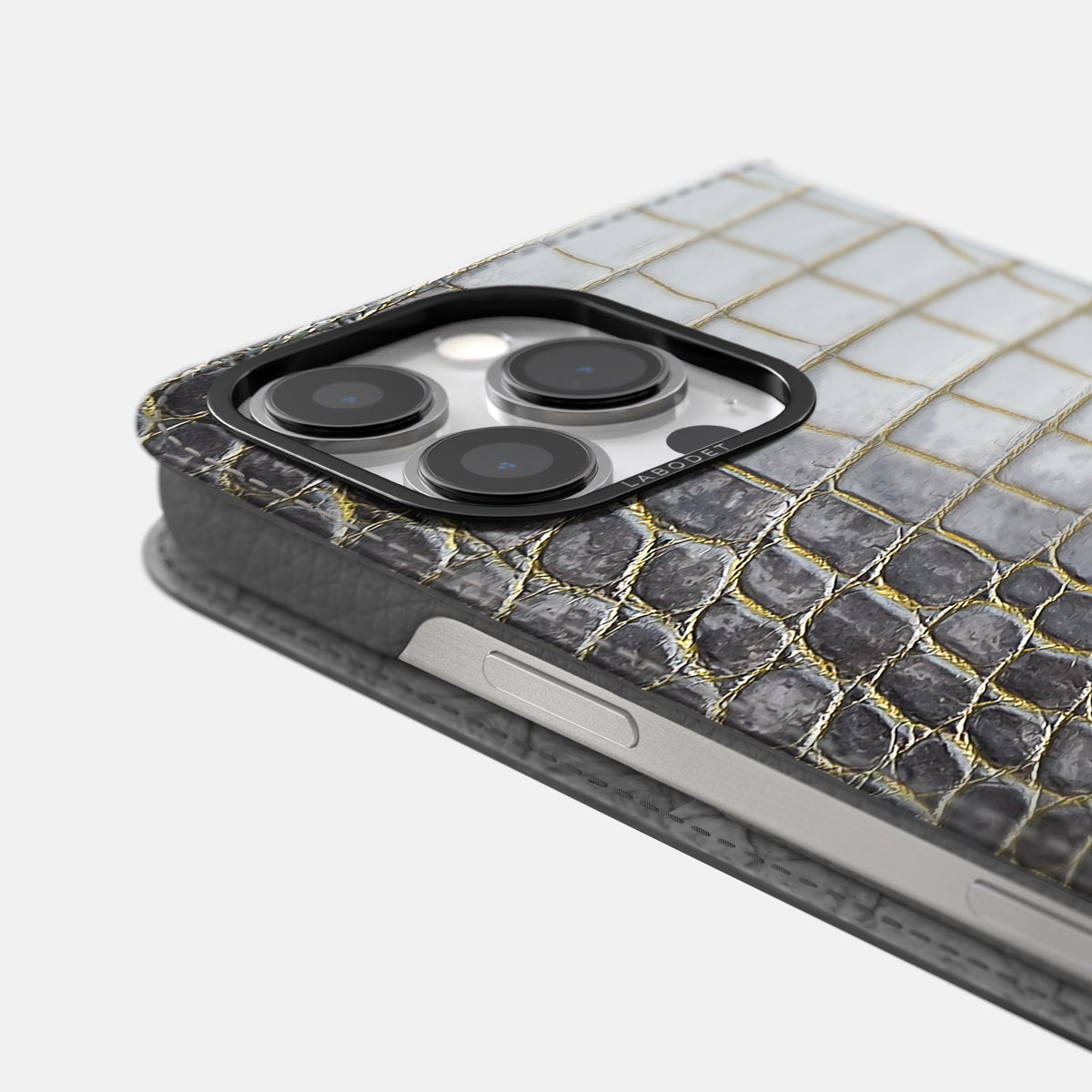Gold iPhone 16 Pro Folio Case Himalayan Crocodile with Black Metal -5 | Gold-Black