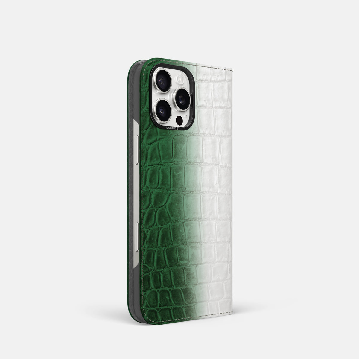 Green iPhone 16 Pro Folio Case Himalayan Crocodile with Black Metal -1 | Green-Black