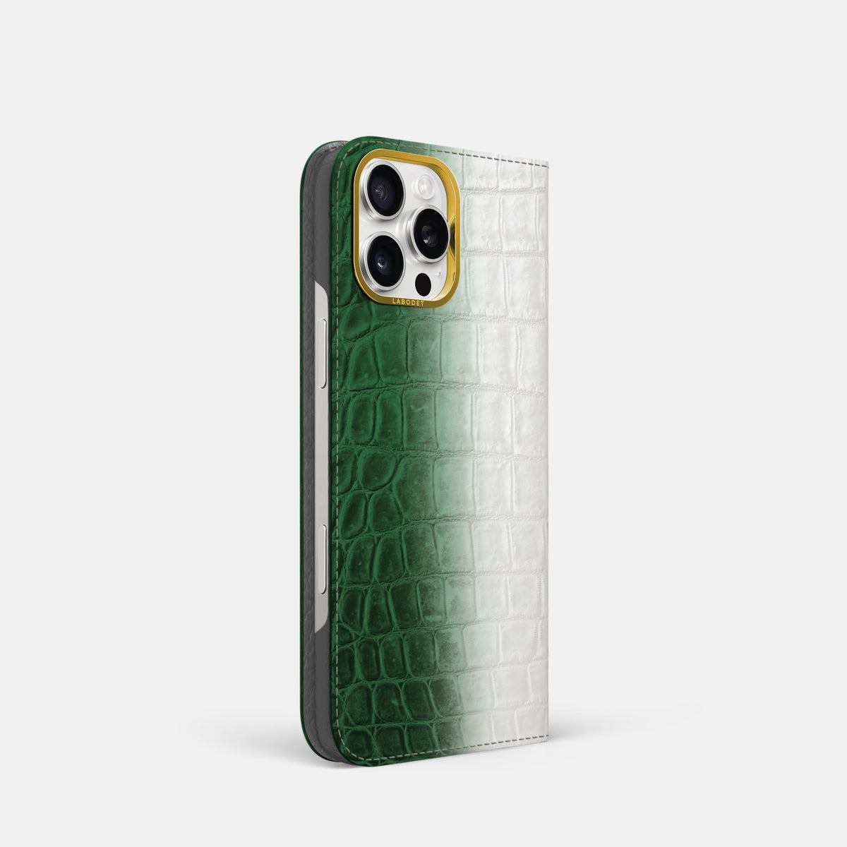 Green iPhone 16 Pro Folio Case Himalayan Crocodile with Gold Metal -1 | Green-Gold