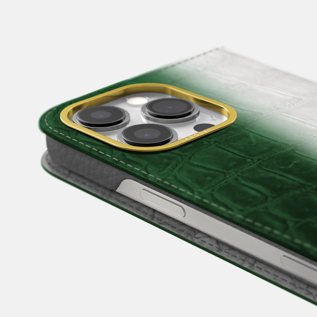 Green iPhone 16 Pro Folio Case Himalayan Crocodile with Gold Metal -5 | Green-Gold