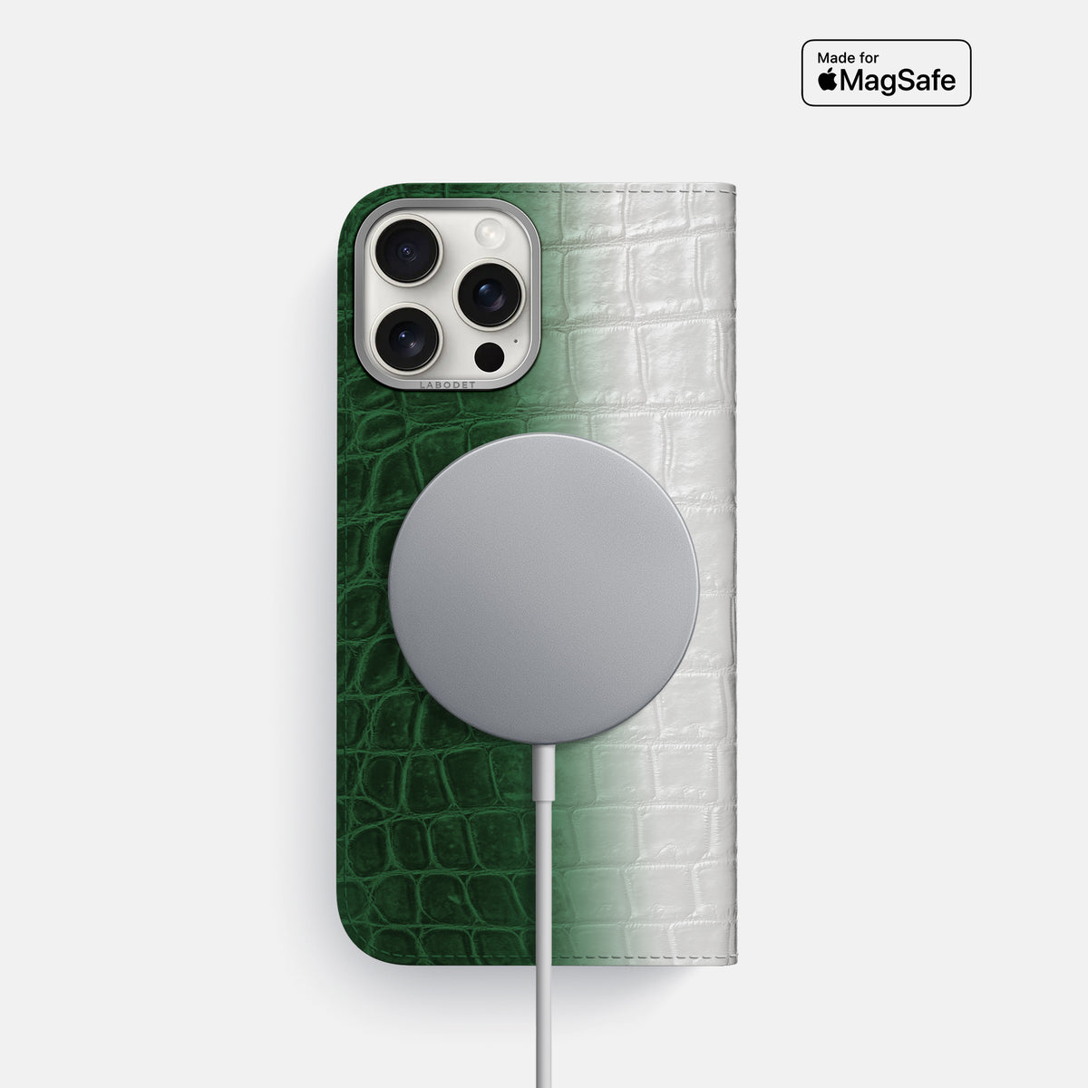 Green iPhone 16 Pro Folio Case Himalayan Crocodile with Steel Metal -3 | Green-Steel