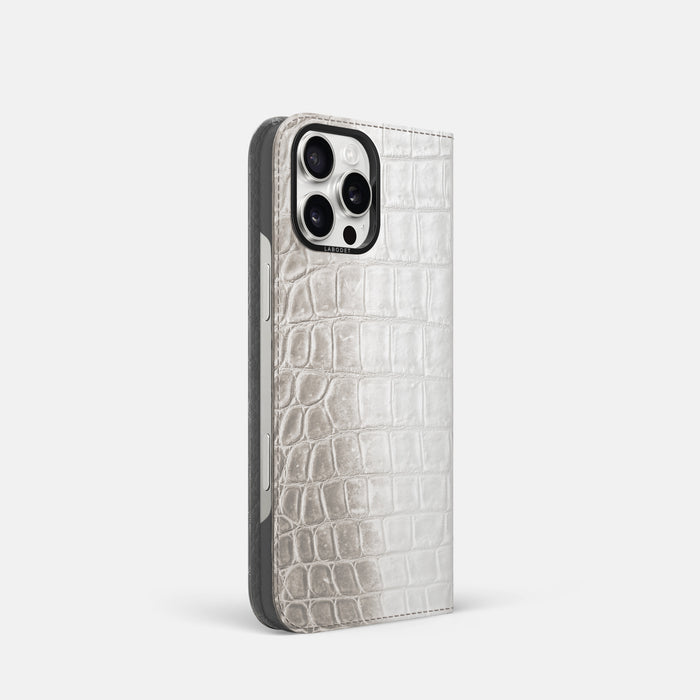 Grey iPhone 16 Pro Folio Case Himalayan Crocodile with Black Metal -1 | Grey-Black
