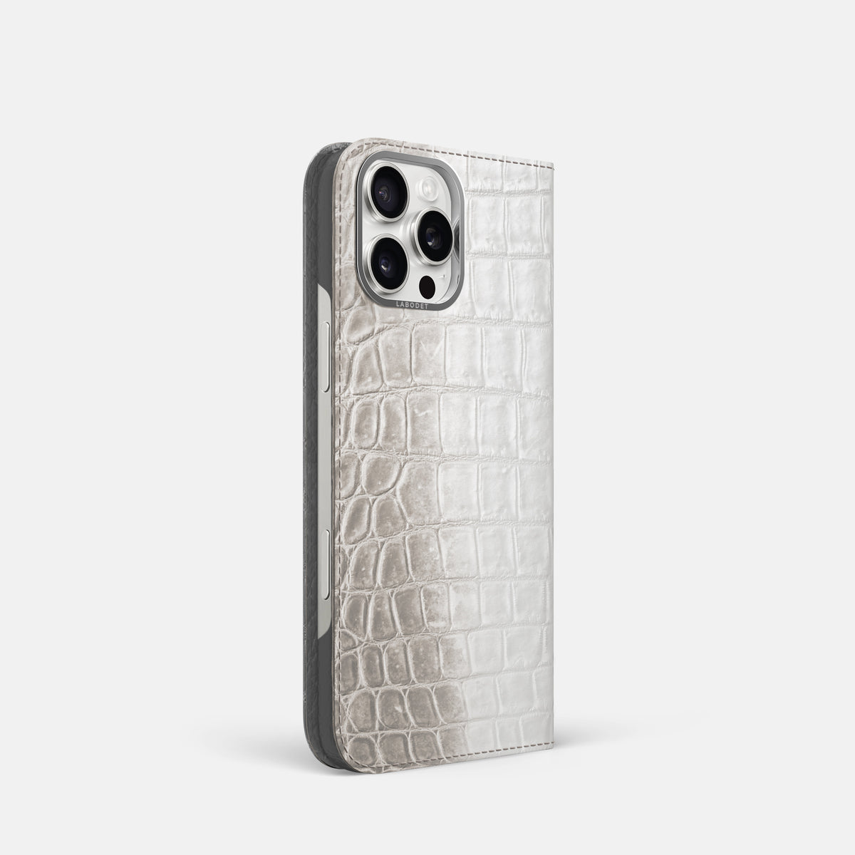Grey iPhone 16 Pro Folio Case Himalayan Crocodile with Steel Metal -1 | Grey-Steel