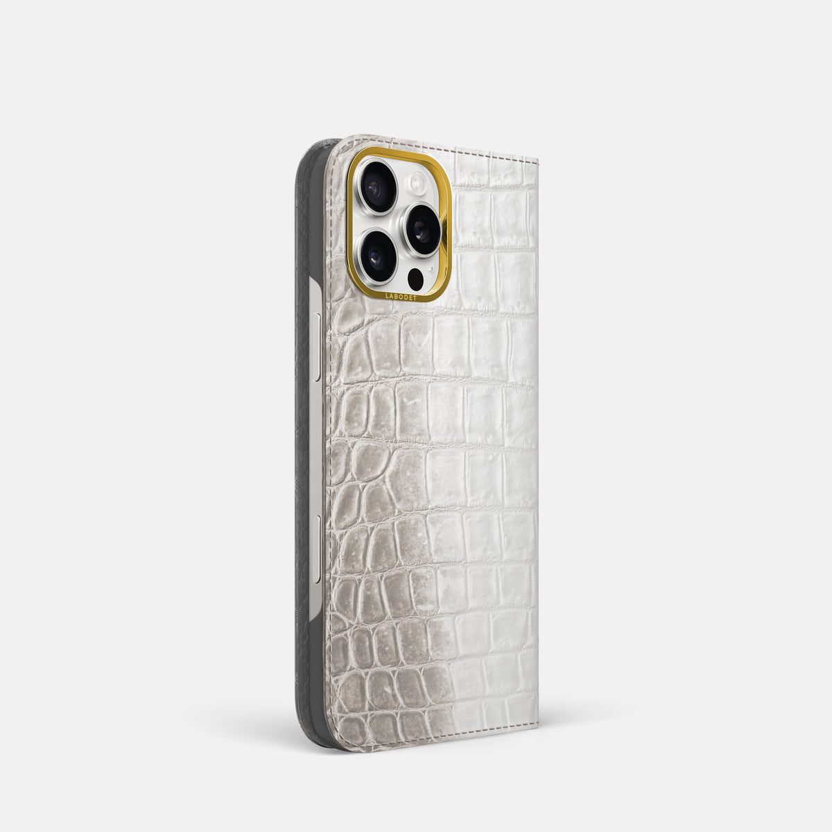 Grey iPhone 16 Pro Folio Case Himalayan Crocodile with Gold Metal -1 | Grey-Gold