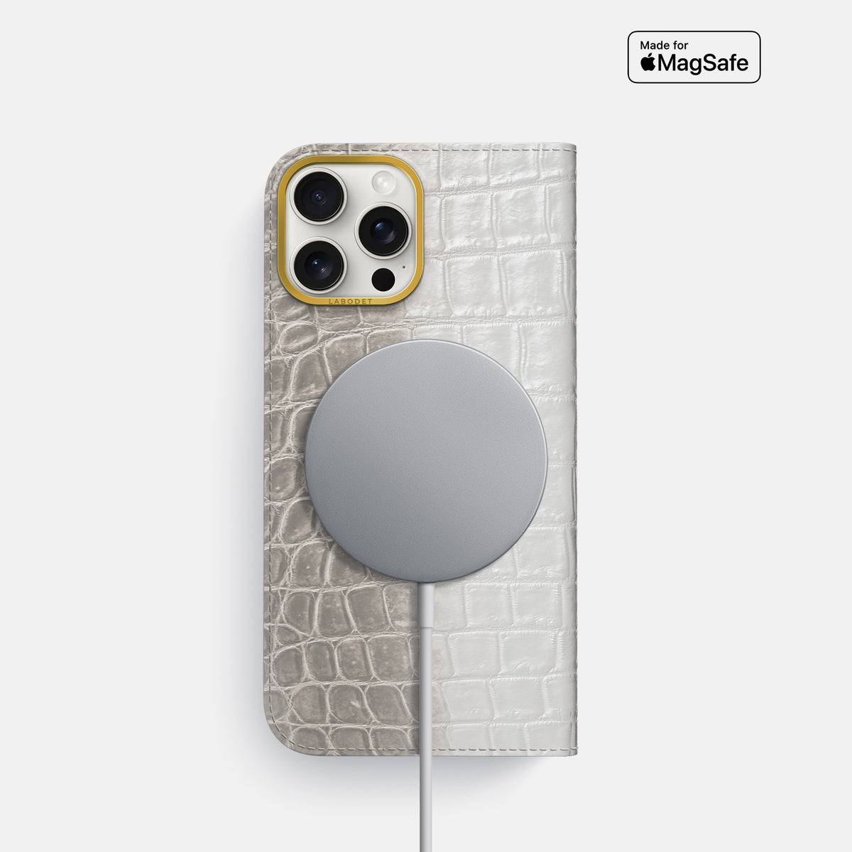 Grey iPhone 16 Pro Folio Case Himalayan Crocodile with Gold Metal -3 | Grey-Gold