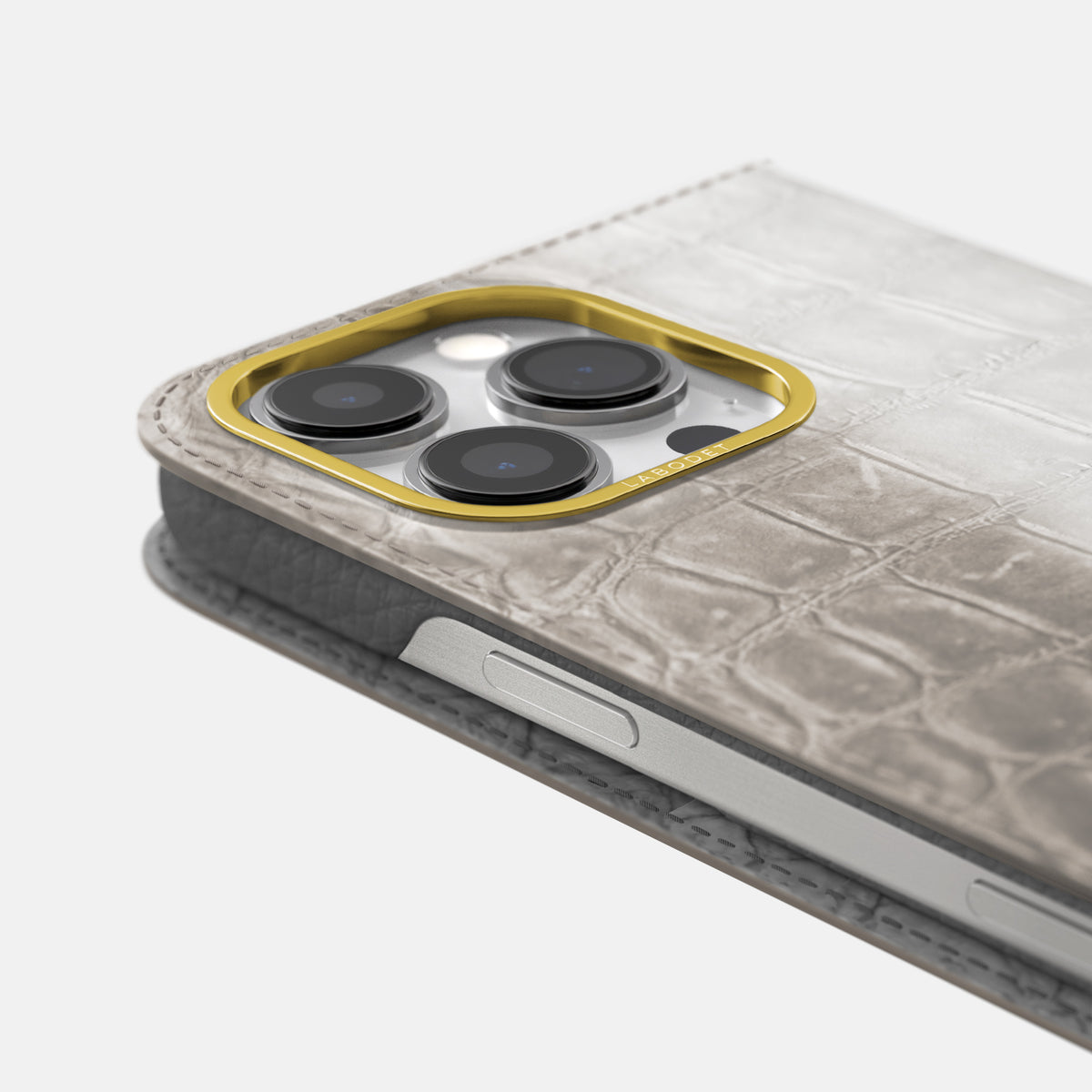 Grey iPhone 16 Pro Folio Case Himalayan Crocodile with Gold Metal -5 | Grey-Gold