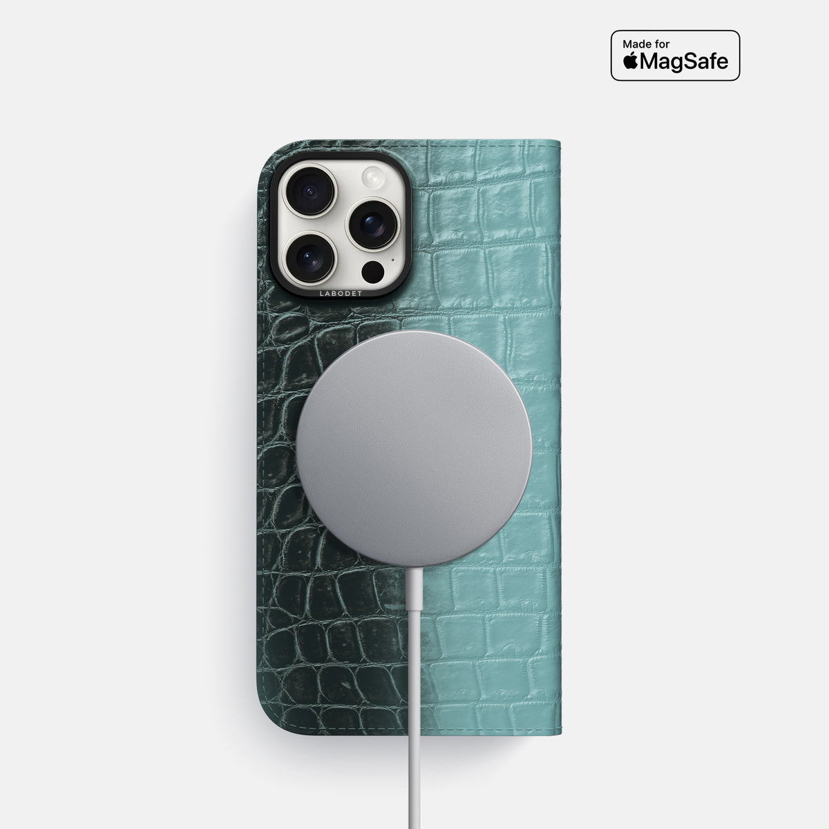 Light-Mint iPhone 16 Pro Folio Case Himalayan Crocodile with Black Metal -3 | Light-Mint-Black