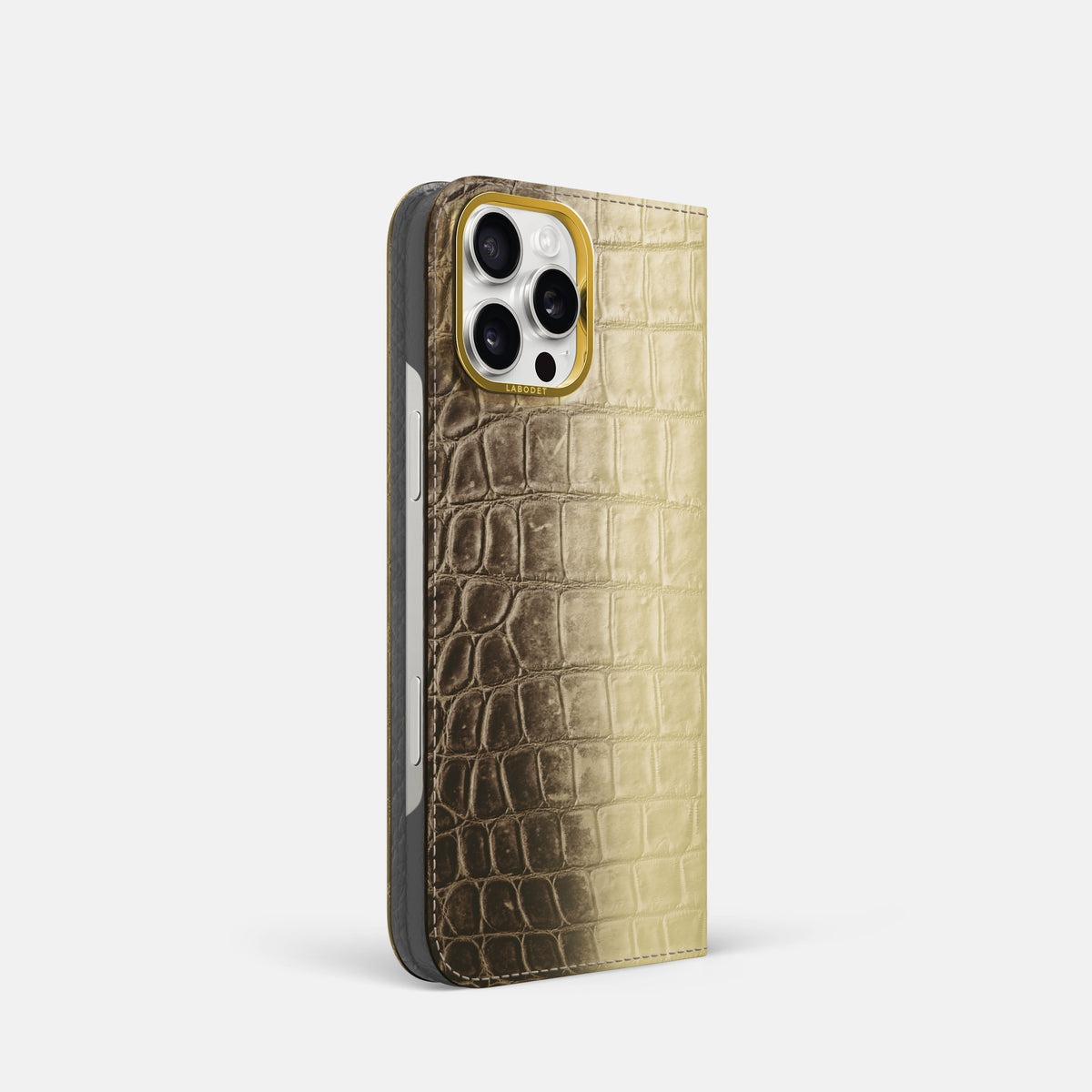 Natural iPhone 16 Pro Folio Case Himalayan Crocodile with Gold Metal -1 | Natural-Gold