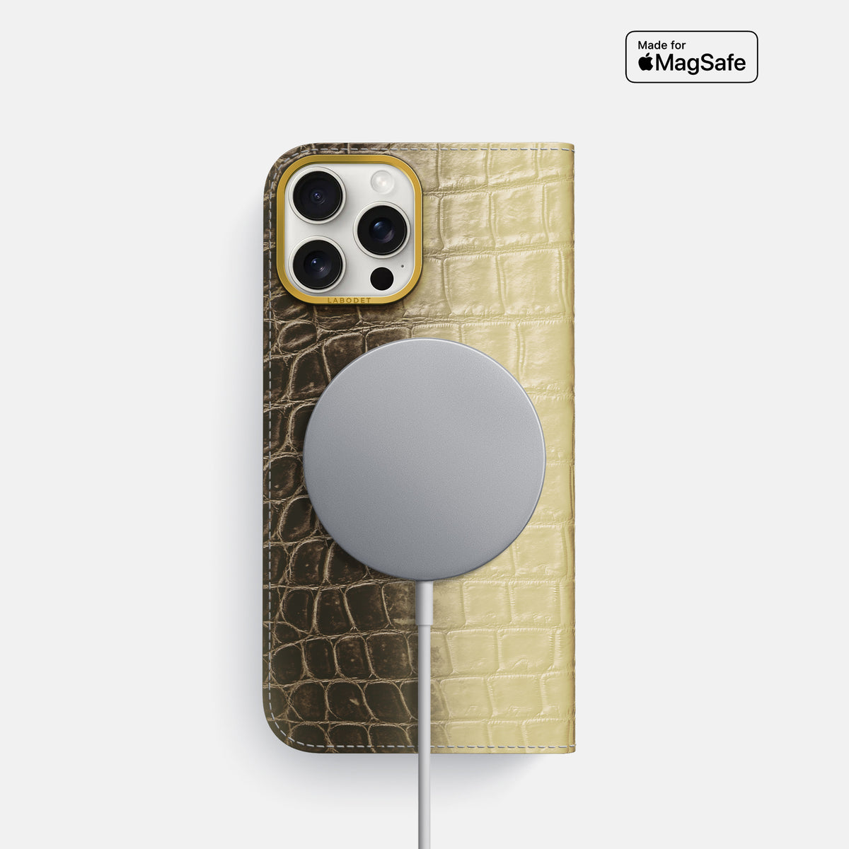 Natural iPhone 16 Pro Folio Case Himalayan Crocodile with Gold Metal -3 | Natural-Gold