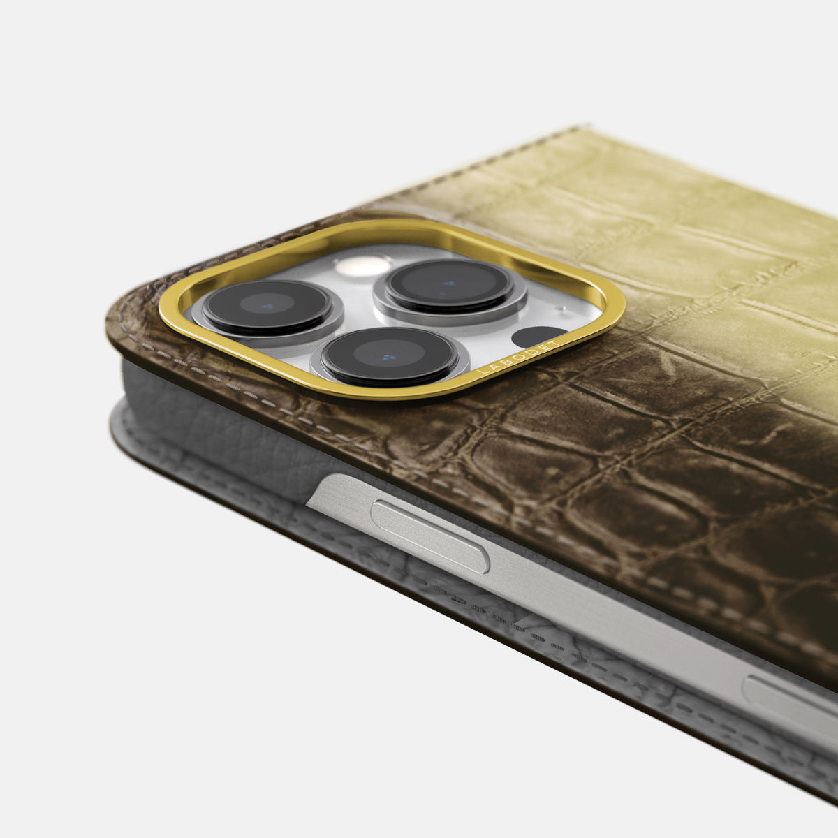 Natural iPhone 16 Pro Folio Case Himalayan Crocodile with Gold Metal -5 | Natural-Gold